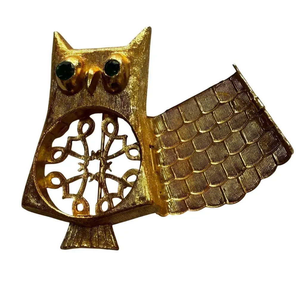 Vintage Avon Owl Perfume Brooch Locket Goldtone & green rhinestones
